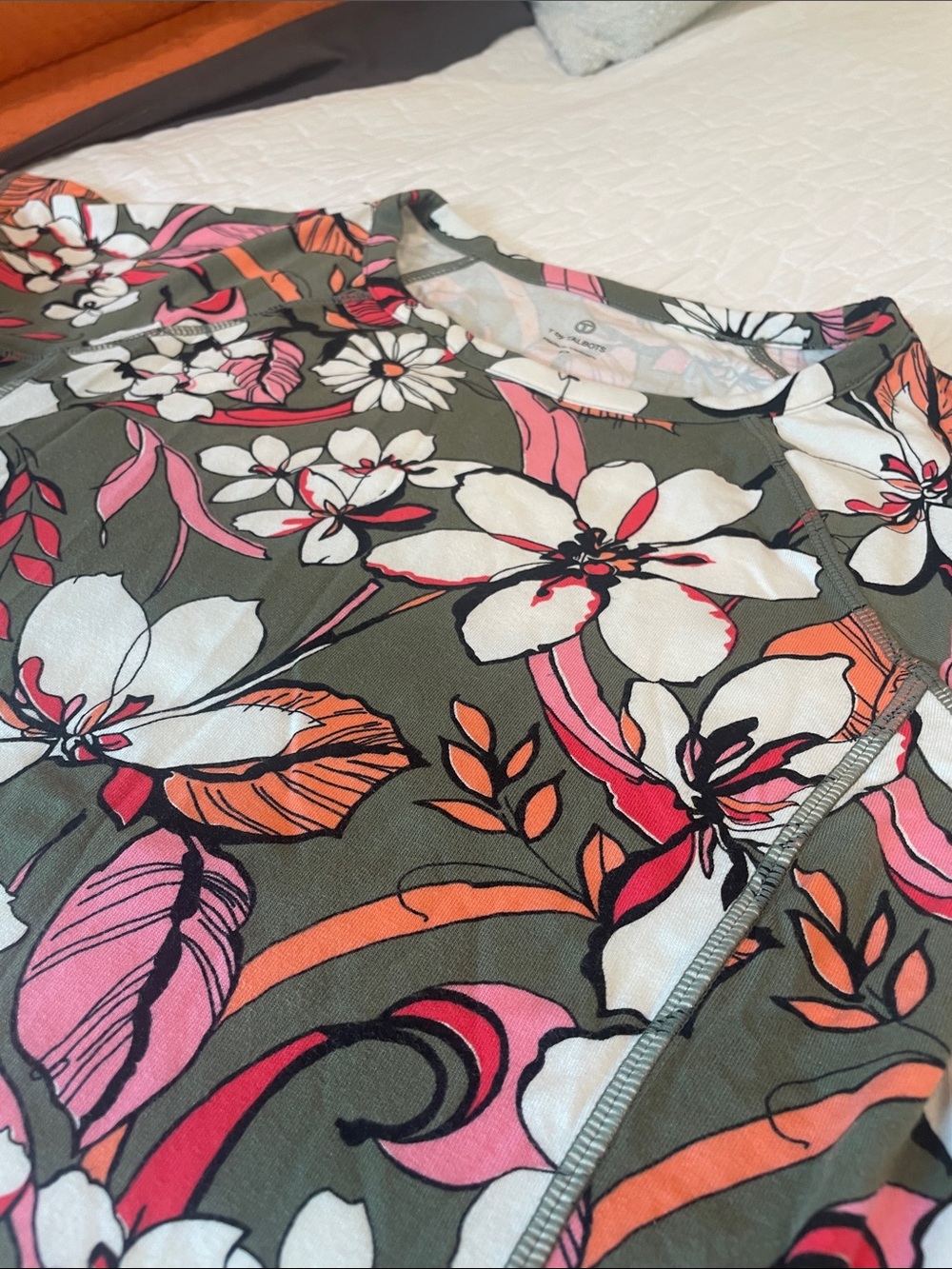 T by Talbots Olive Floral Short Sleeve Tee with Pink, Orange & White Blooms - Picture 5 of 7